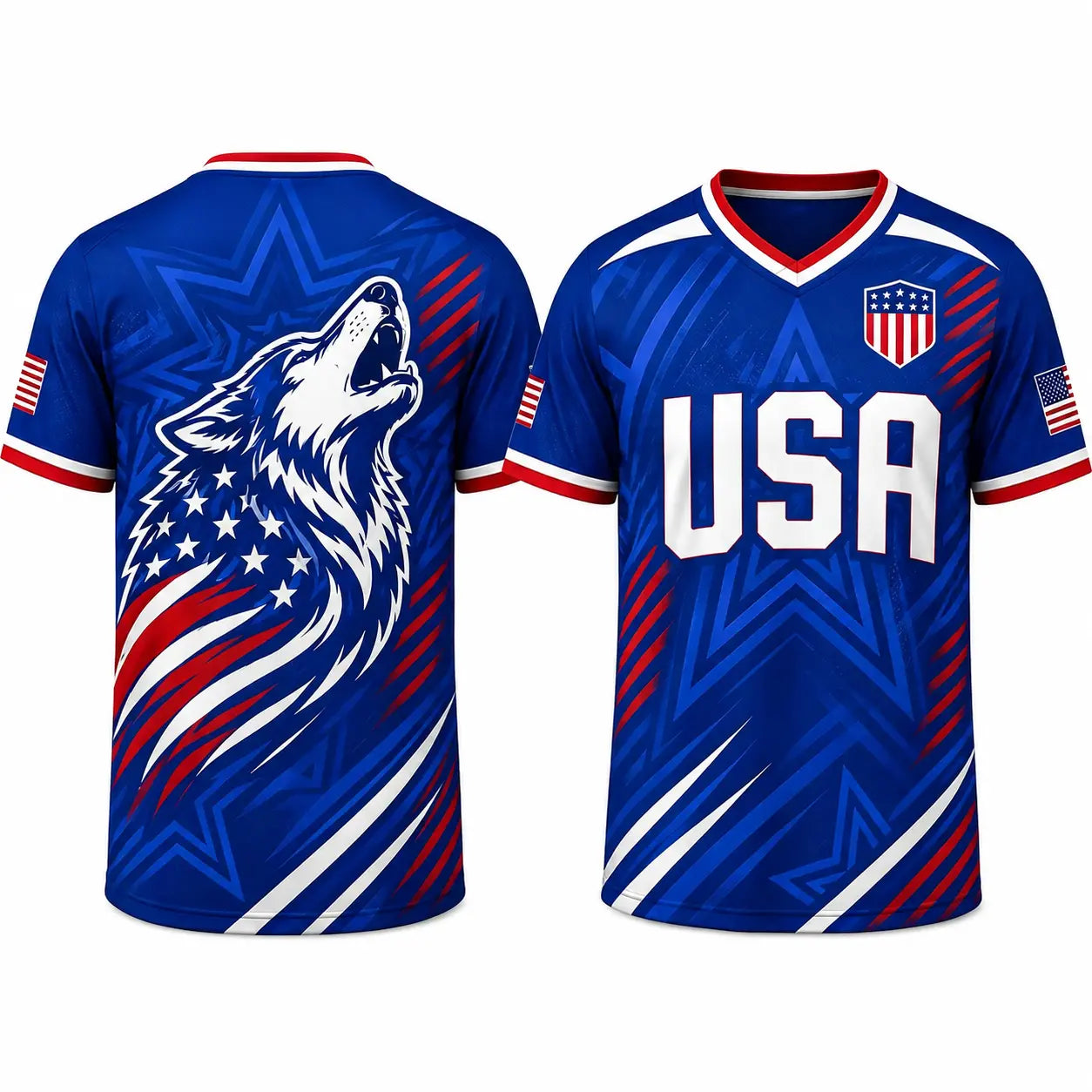 USA Patriotic Wolf Graphic V-Neck Sports Jersey – Lightweight Quick-Dry Athletic Top