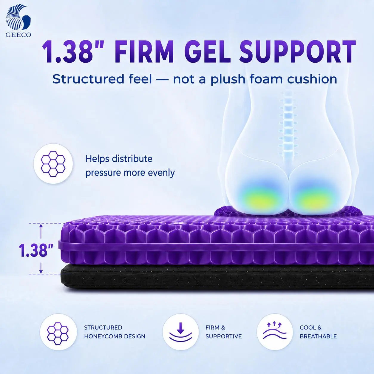 GEECO Purple Gel Seat Cushion – Firm Honeycomb Cooling Pad with Non-Slip Cover