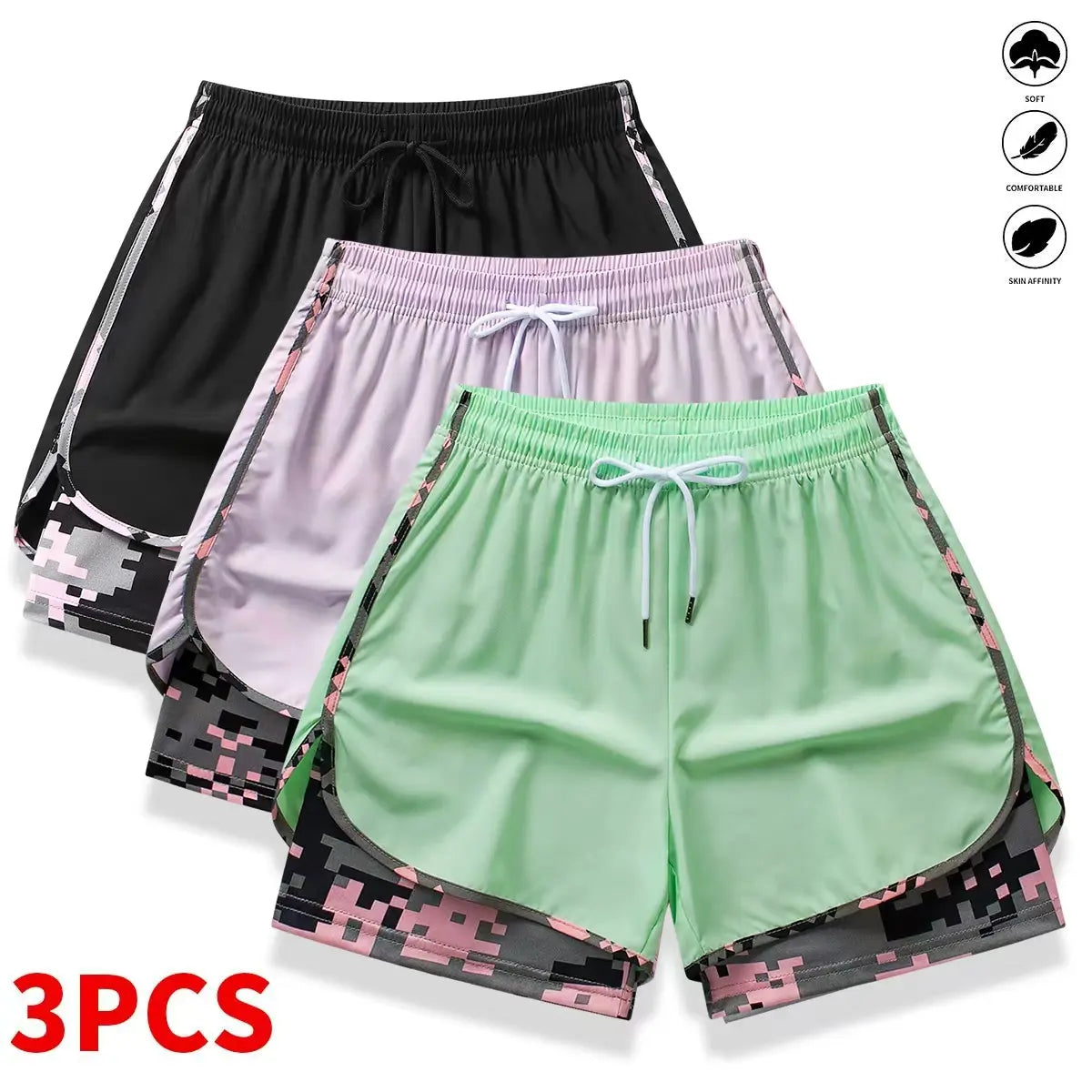 3-Pack Women’s Athletic Shorts with Liner – Drawstring Elastic Waistband Running Shorts