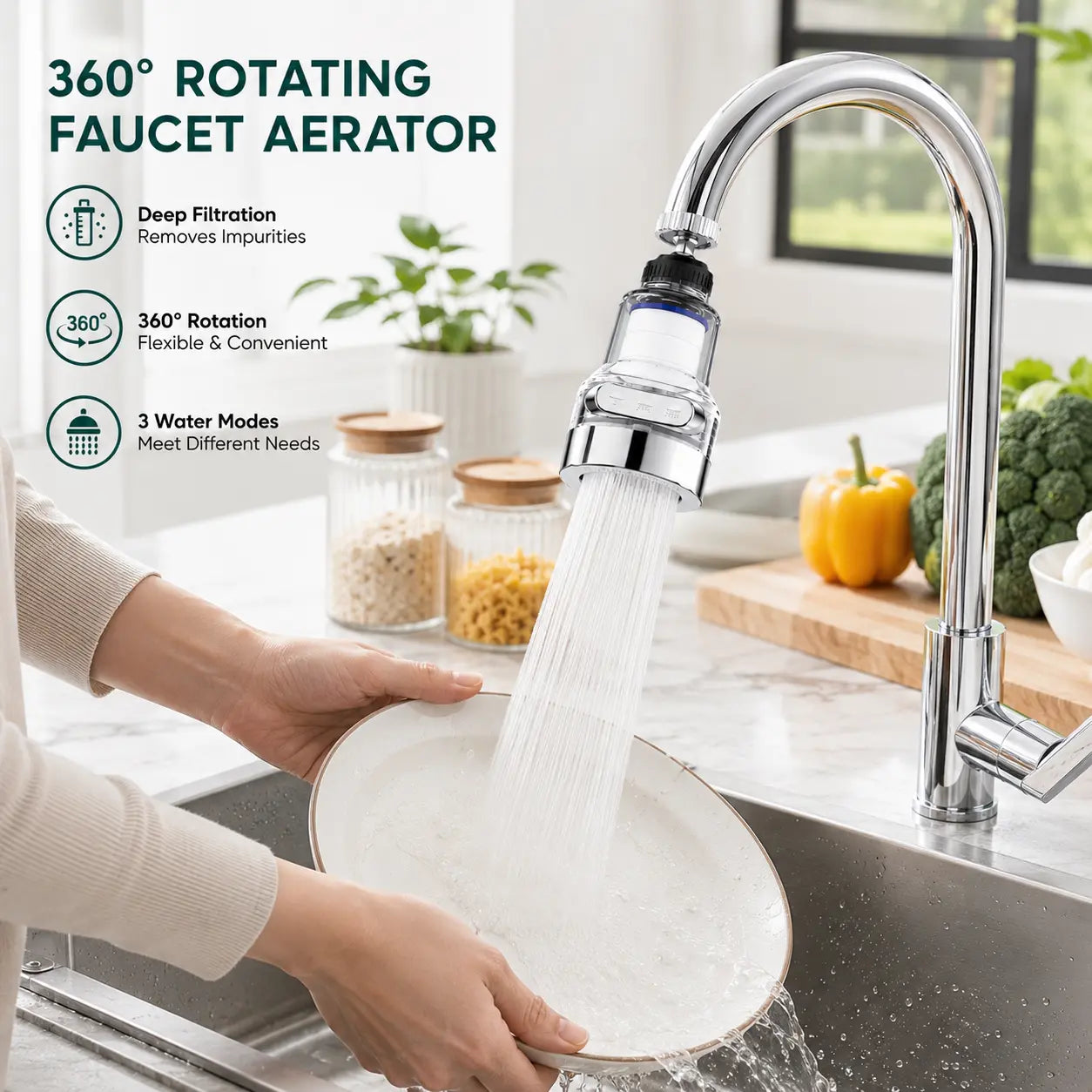 360° Rotating 6-Layer Faucet Aerator Filter – 3 Water Modes Splash-Free Sink Attachment (1-Pack)