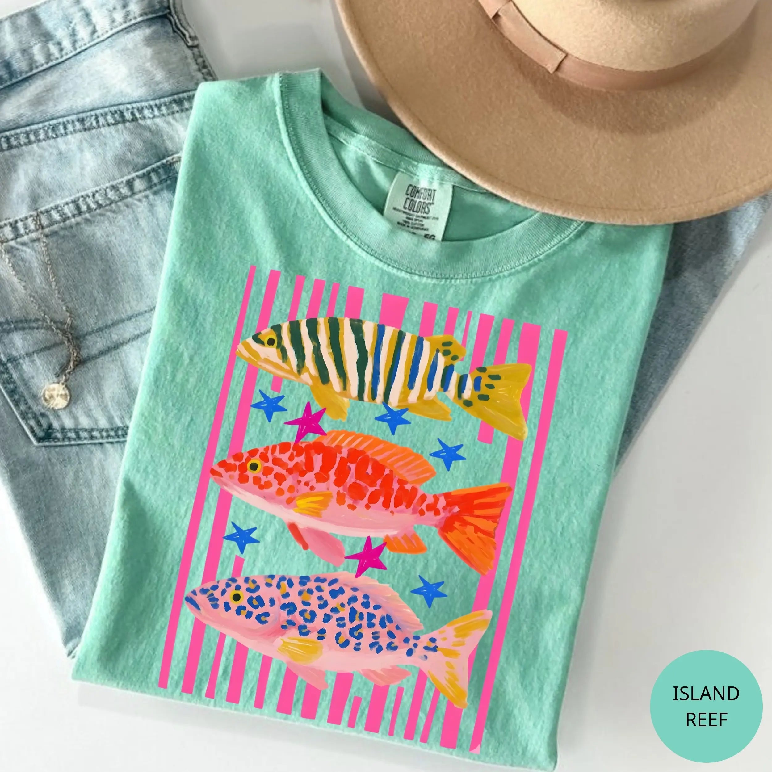 Comfort Colors Preppy Fish Tee - Colorful Maximalist Sublimation Beach Shirt for Girls & Women