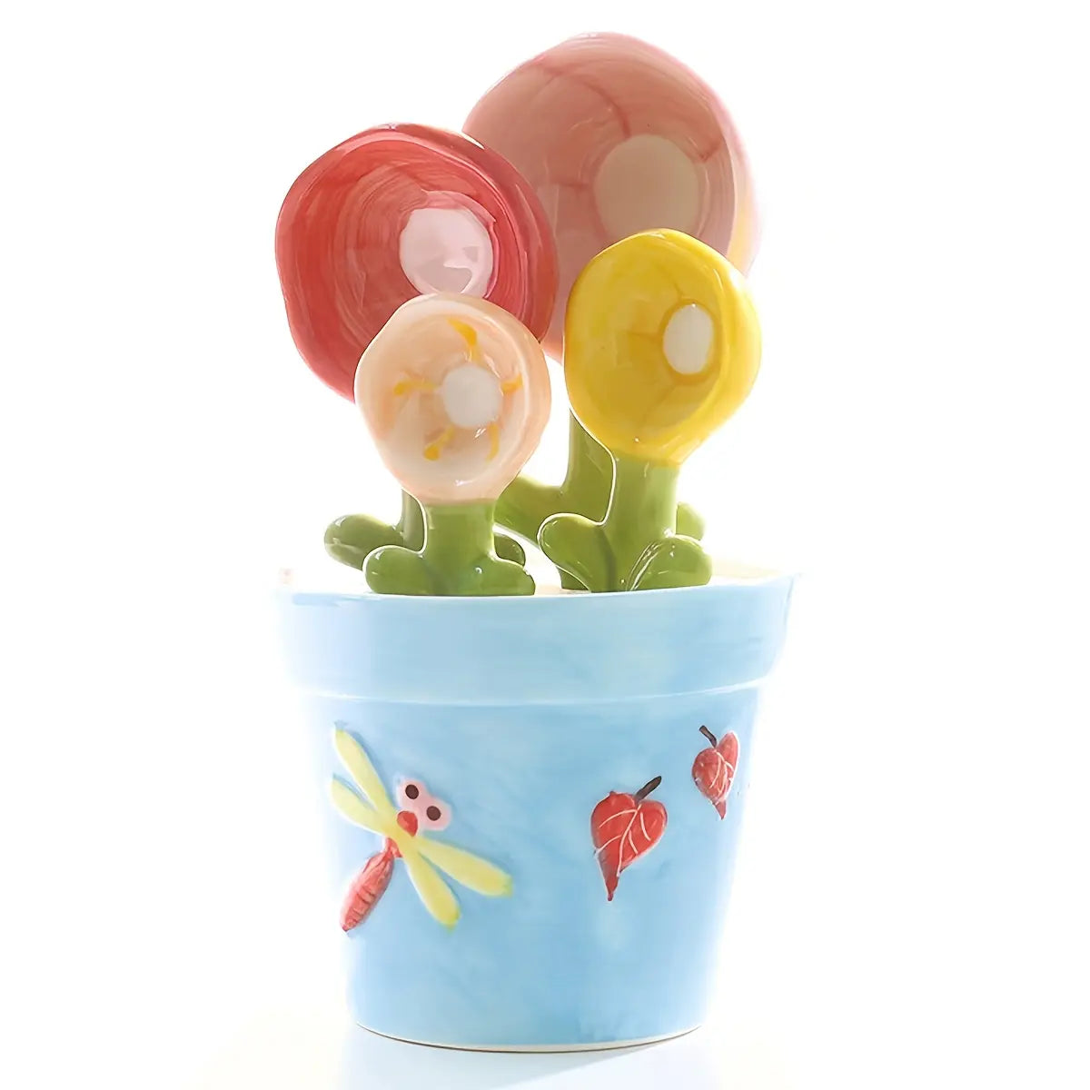 4-Pack Cute Ceramic Flower Measuring Spoons Set with Base, Decorative Measuring Spoons and Flower Pot Design Cup Set with Capacity Marks for Milk Powder, Sugar and Salt, Flower Baking Spoons for Home Kitchen Cooking, Kitchenware Utensils #GLOBAL PICKS