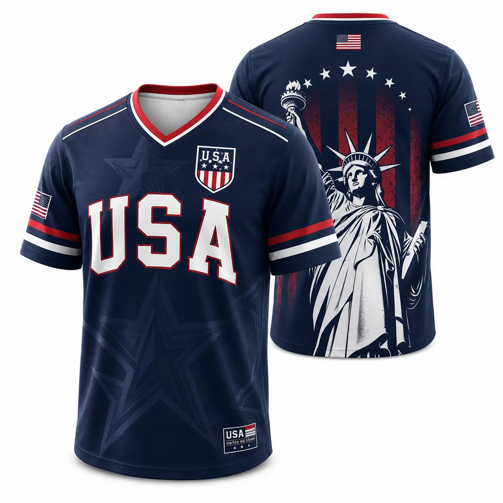 USA Patriotic Soccer Jersey – Navy American Flag & Statue of Liberty V-Neck Sports Tee