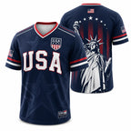 USA Patriotic Soccer Jersey – Navy American Flag & Statue of Liberty V-Neck Sports Tee