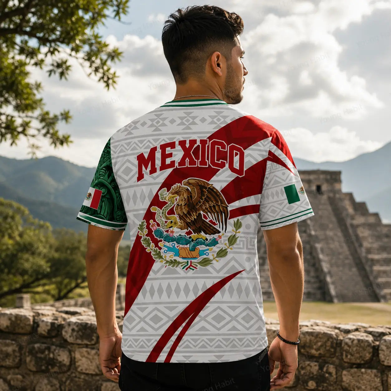 Mexico Flag Eagle V-Neck Jersey – Aztec Pattern Patriotic Soccer Style Shirt
