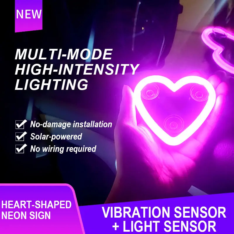 Solar-Powered Heart Neon Light – Multi-Mode Dynamic Car Interior Decor Accessory