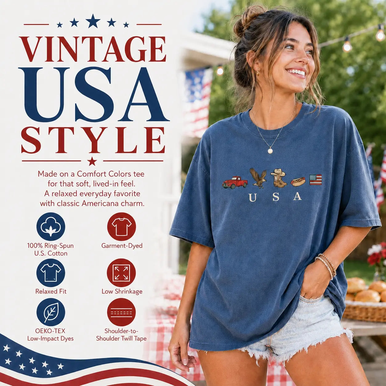 ChicCotton Comfort Colors "USA Icons" T-Shirt – Vintage Women's Patriotic Independence Day Tee