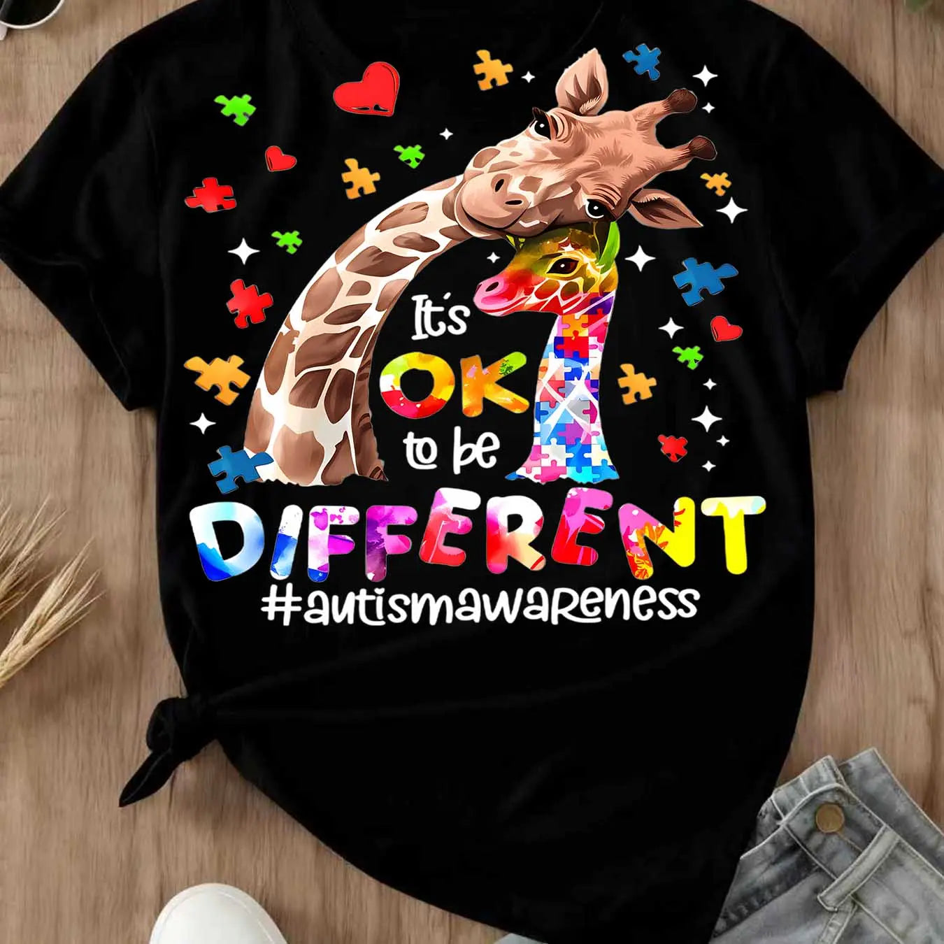 "It's OK to be Different" Autism Shirt | Cute Giraffe Family Puzzle Tee