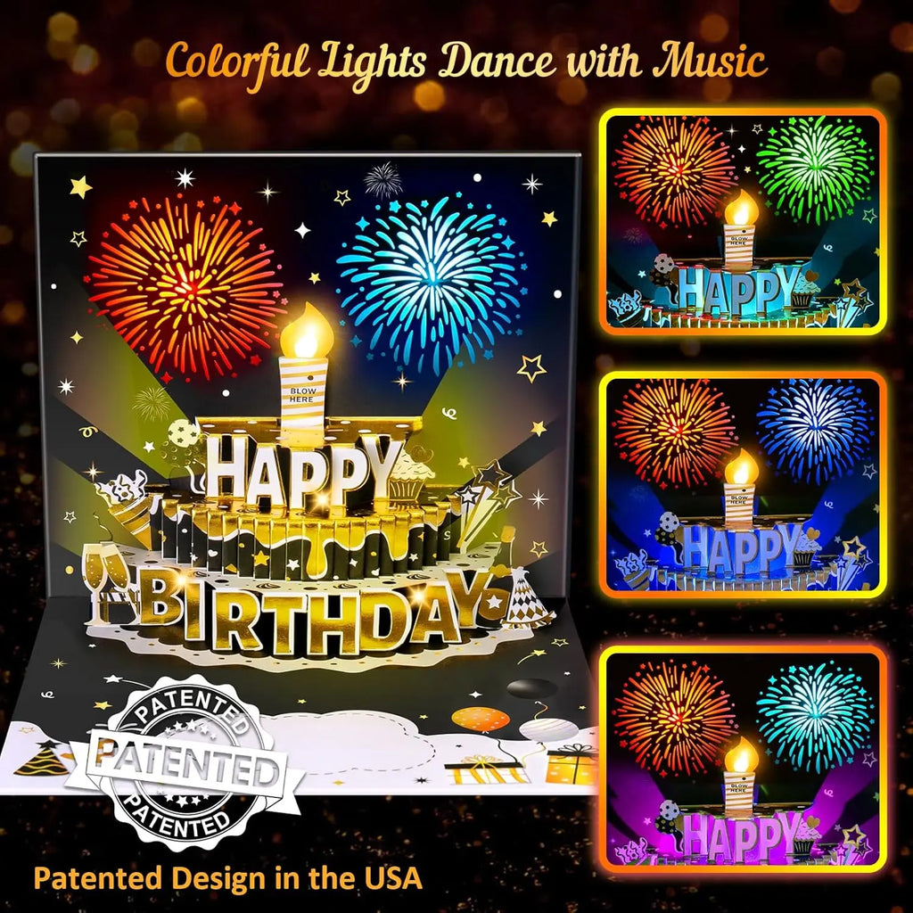 DIY Pop-Up Birthday Cake Card – Light, Music & Fireworks Black and Gold Gift