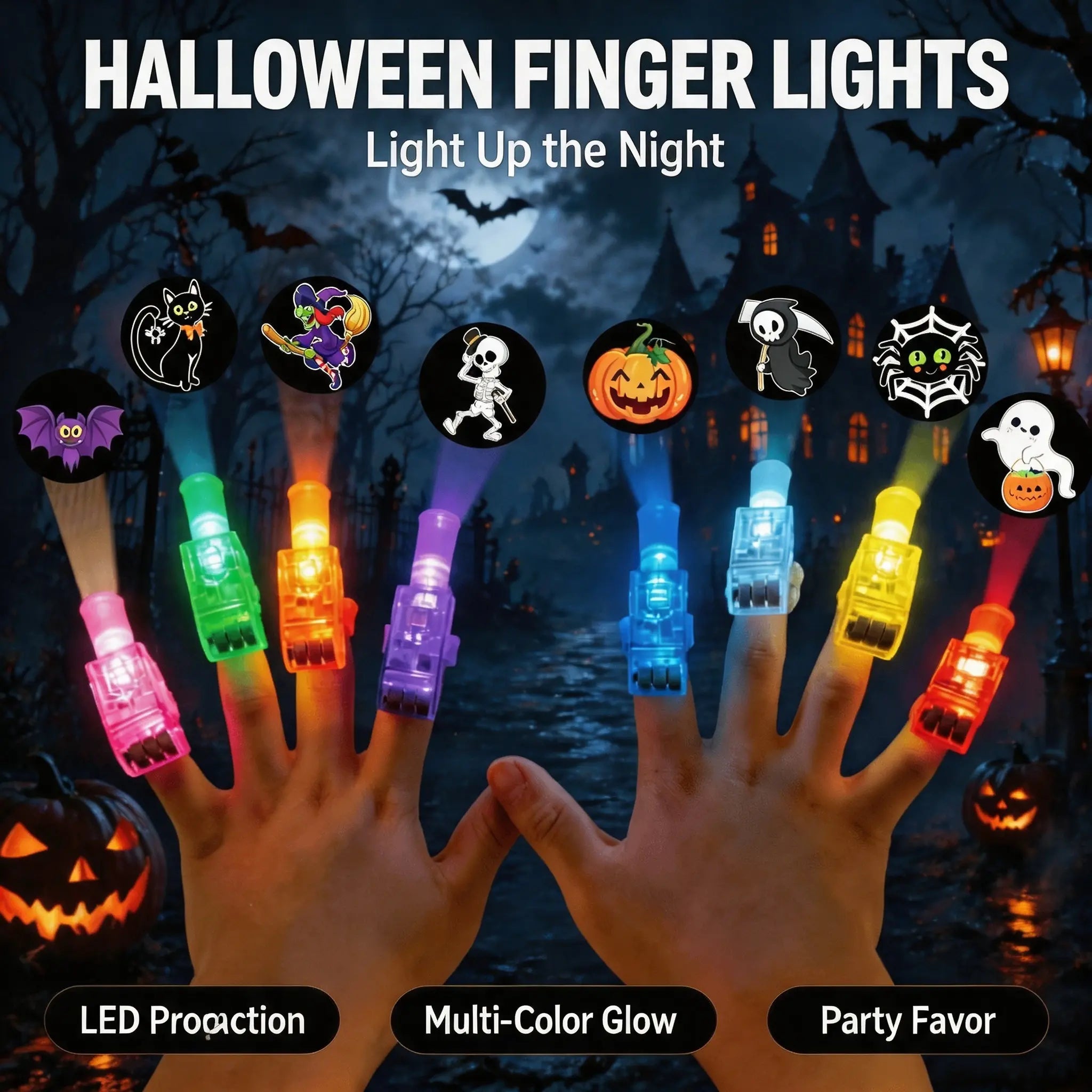 Halloween LED Projection Finger Lights – Multi-Color Trick-or-Treat Goodie Bag Fillers