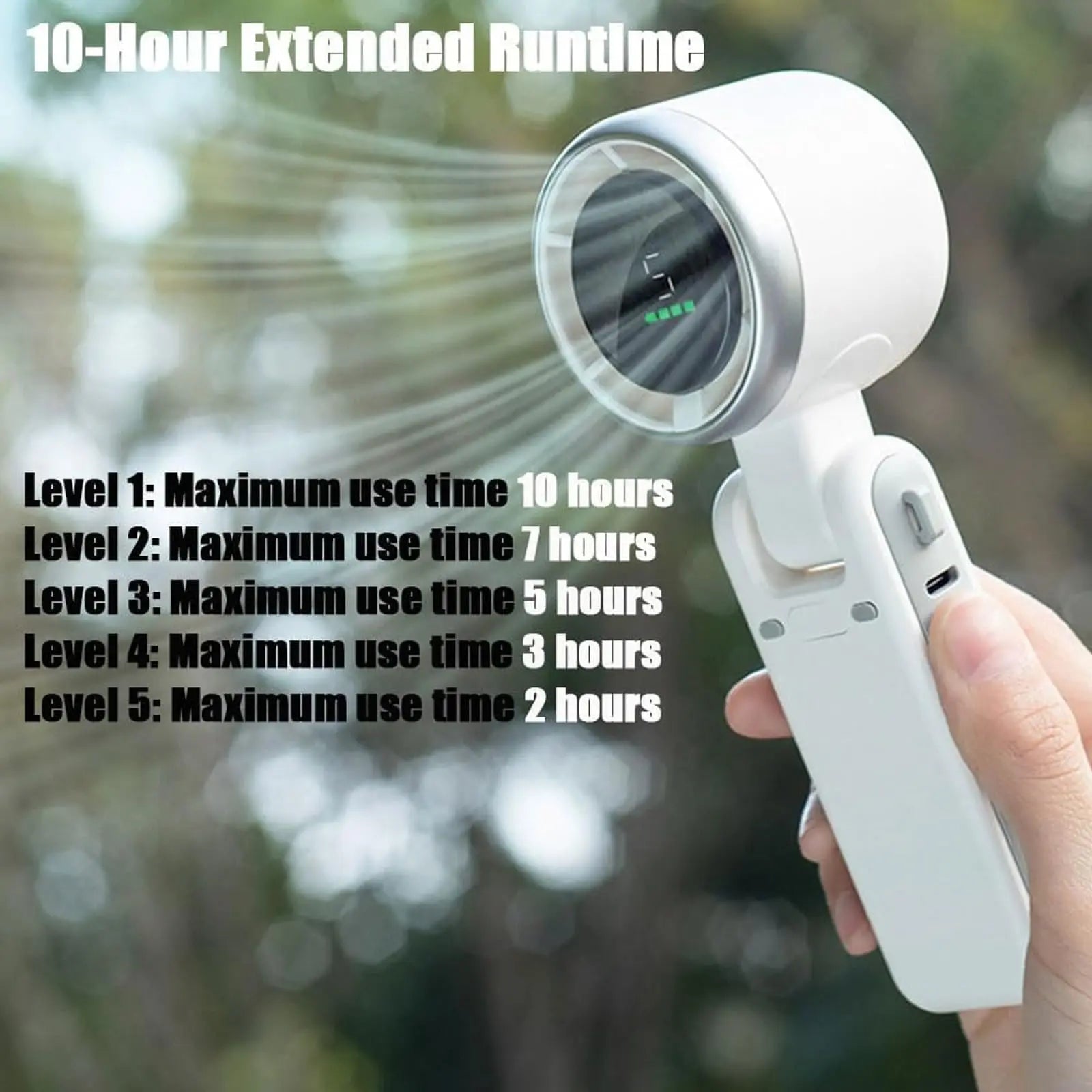 5-Speed Portable Turbo Handheld Fan: 12H Long-Life Battery for Travel & Beach
