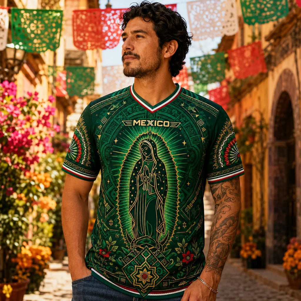 2026 Mexico Inspired Green V-Neck Soccer Jersey – Guadalupe & Aztec Art Graphic Fan Tee