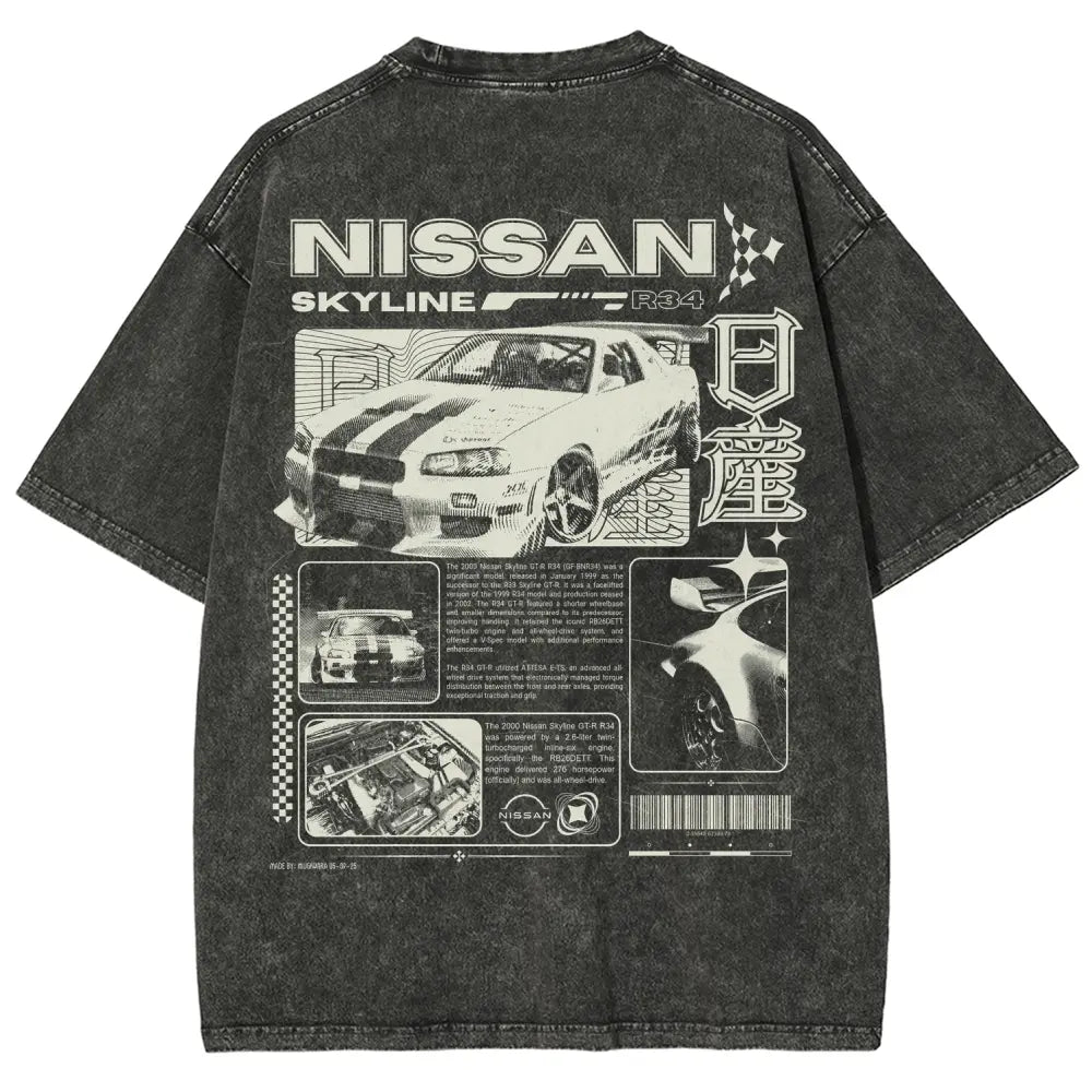 Vintage Skyline JDM Graphic Tee | Washed Heavyweight Streetwear Shirt