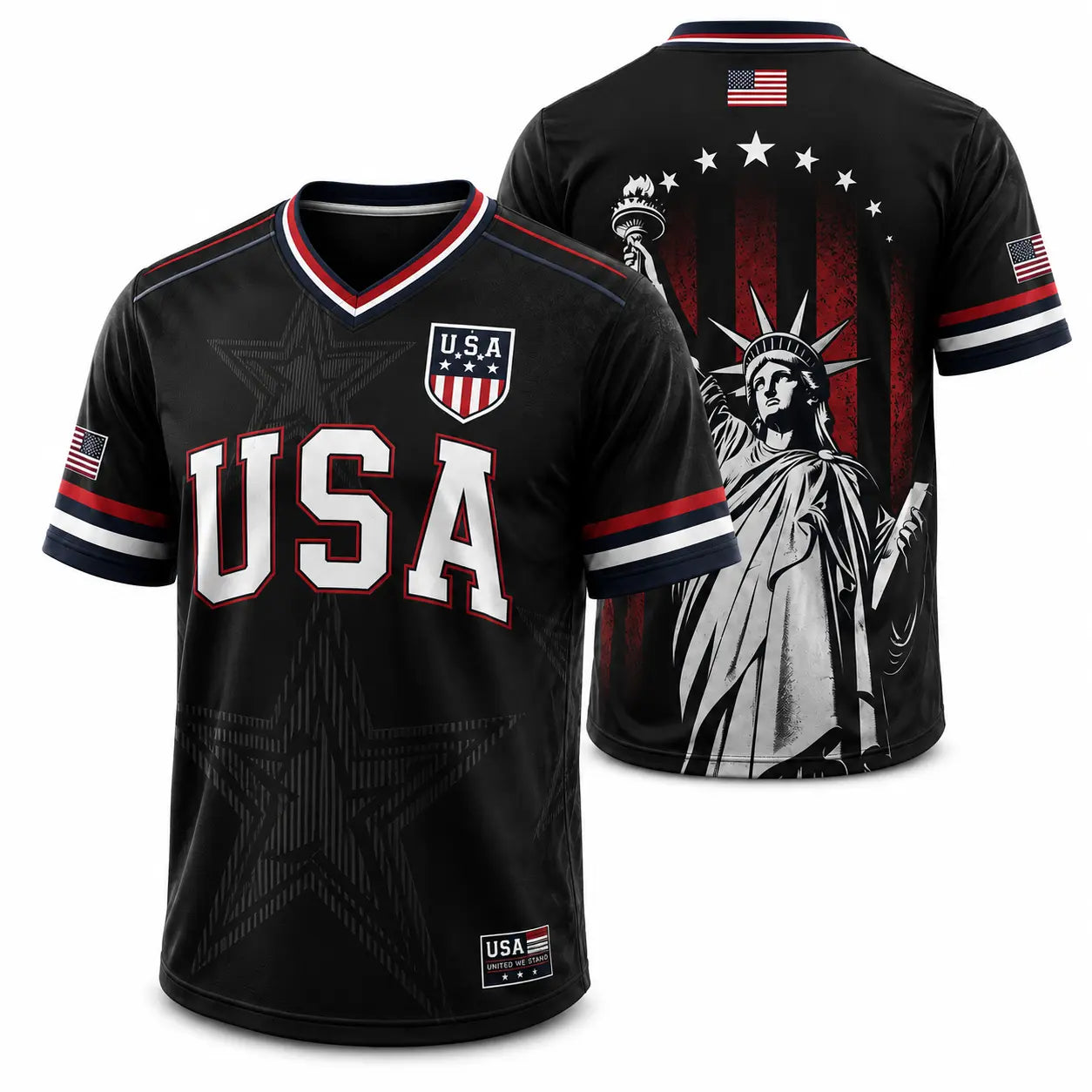 USA Patriotic Soccer Jersey – Navy American Flag & Statue of Liberty V-Neck Sports Tee