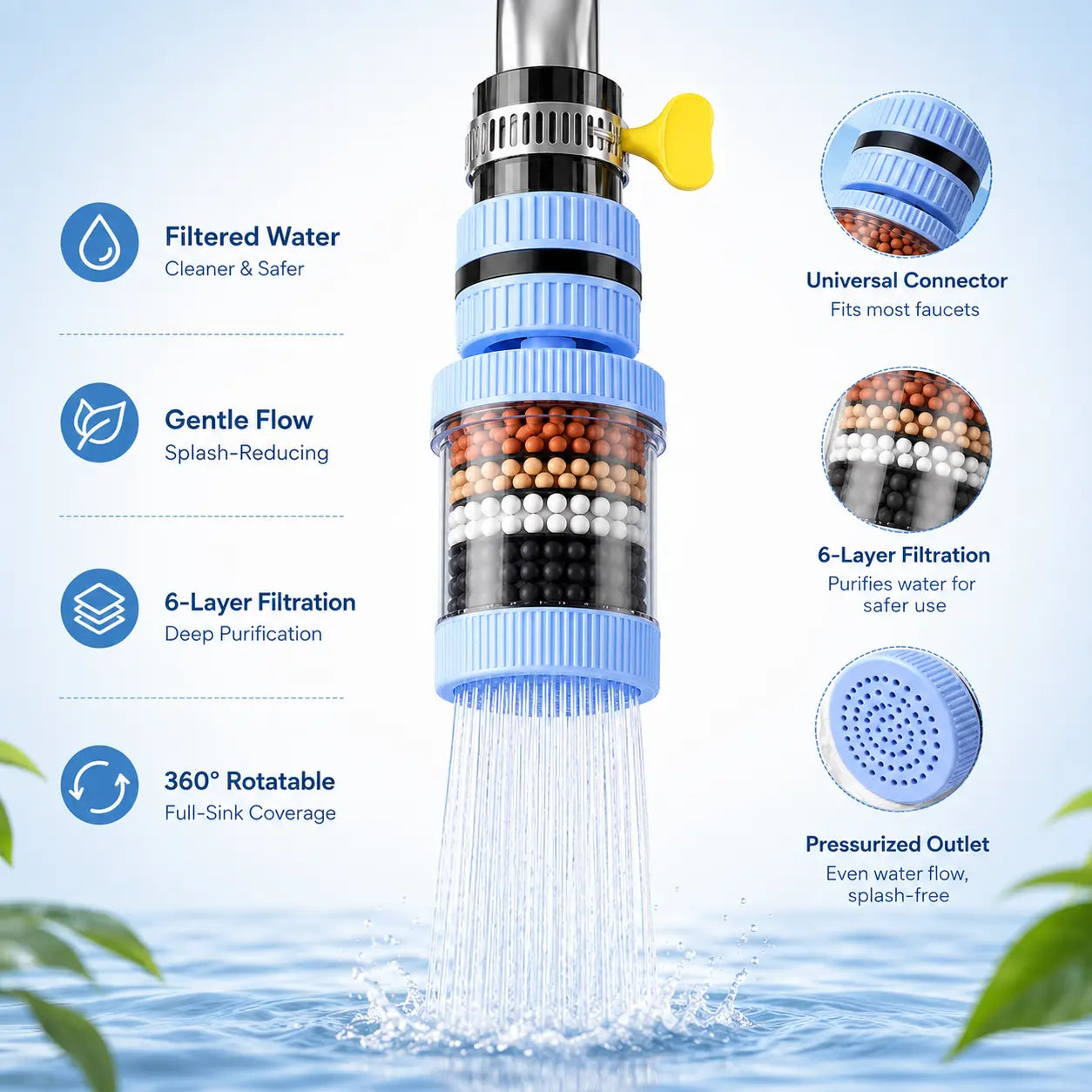 360° Rotatable 6-Layer Faucet Water Filter – Splash-Free Kitchen Sink Strainer