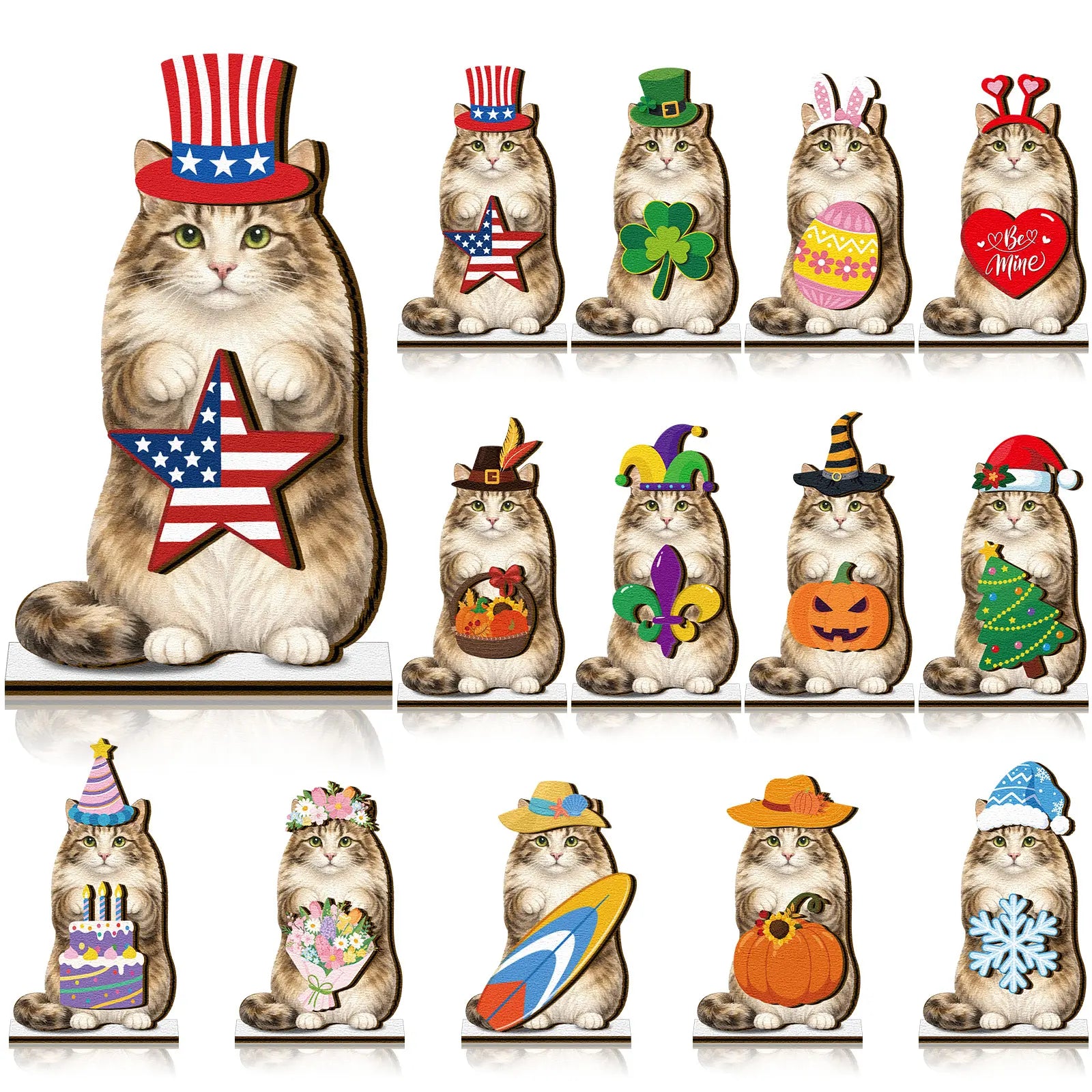 Interchangeable Cat Wooden Desk Decor with Magnetic Seasonal Hats – Cute Holiday Gift for Cat Lovers