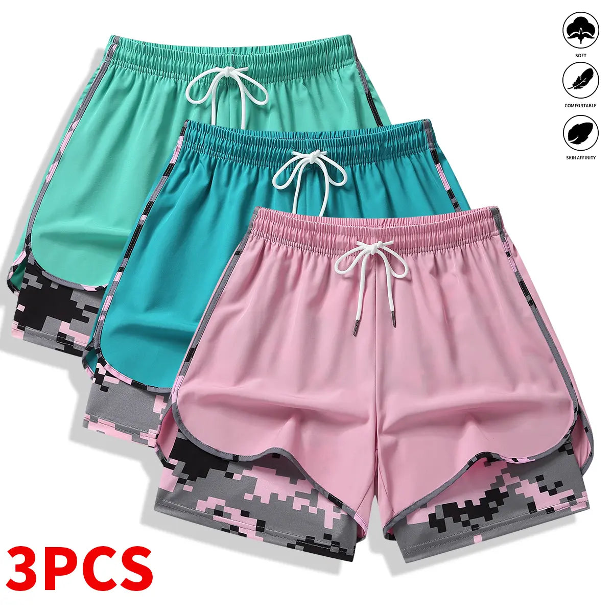 3-Pack Women’s Athletic Shorts with Liner – Drawstring Elastic Waistband Running Shorts