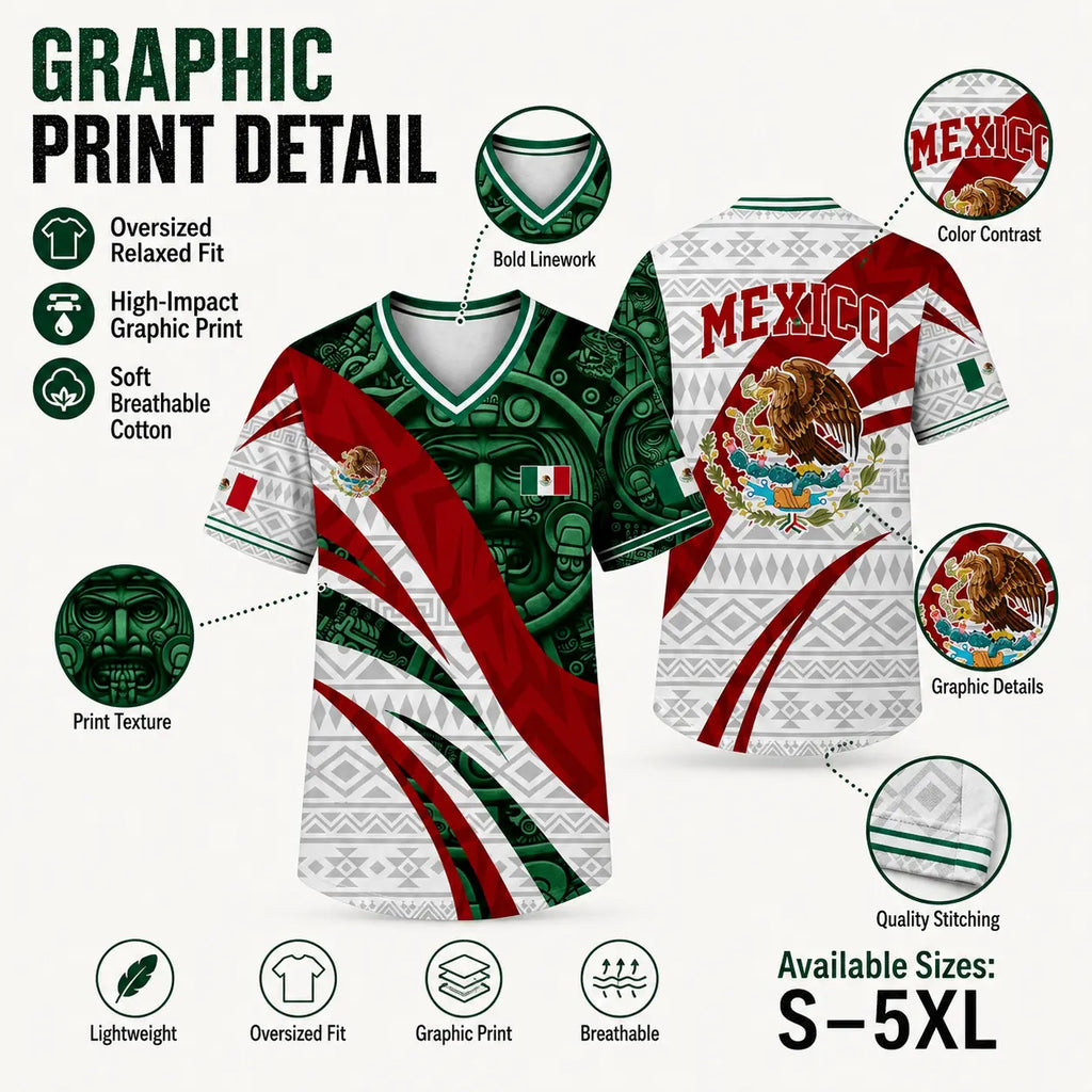 Mexico Flag Eagle V-Neck Jersey – Aztec Pattern Patriotic Soccer Style Shirt