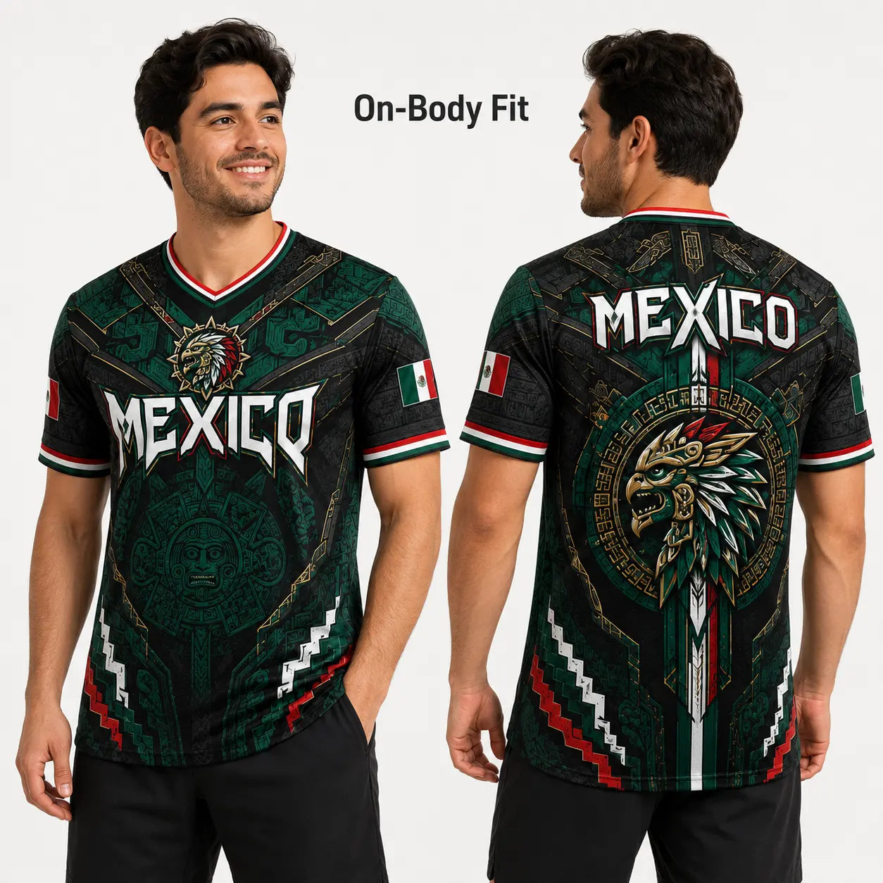 2026 Mexico Eagle Warrior V-Neck Soccer Jersey, Aztec Calendar Graphic Short Sleeve Fan Tee