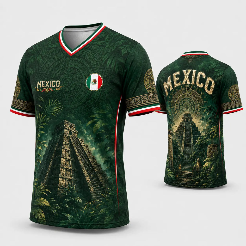 2026 Mexico Dark Green V-Neck Soccer Jersey – Aztec Calendar & Ancient Temple Graphic Tee