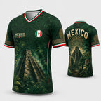 2026 Mexico Dark Green V-Neck Soccer Jersey – Aztec Calendar & Ancient Temple Graphic Tee