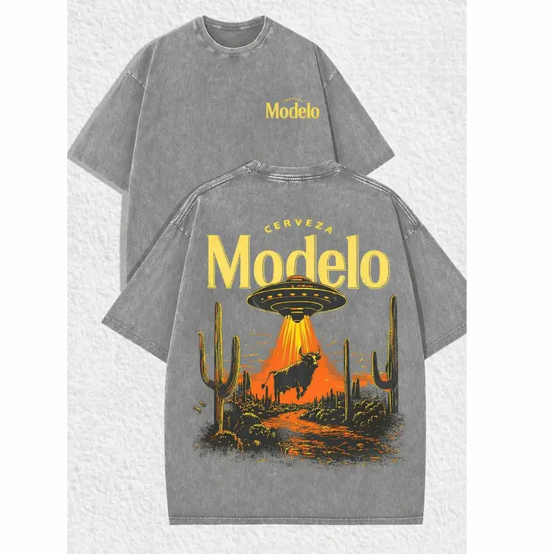 'Cerveza Modelo' Retro UFO & Bull Desert Graphic T-Shirt - Vintage Distressed Streetwear