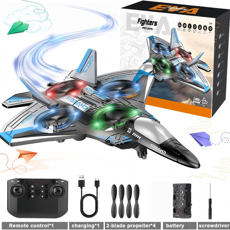RC Flying Fighter Jet Toy with LED Lights & Stunt Rotation – Durable EVA Foam Remote Control Plane