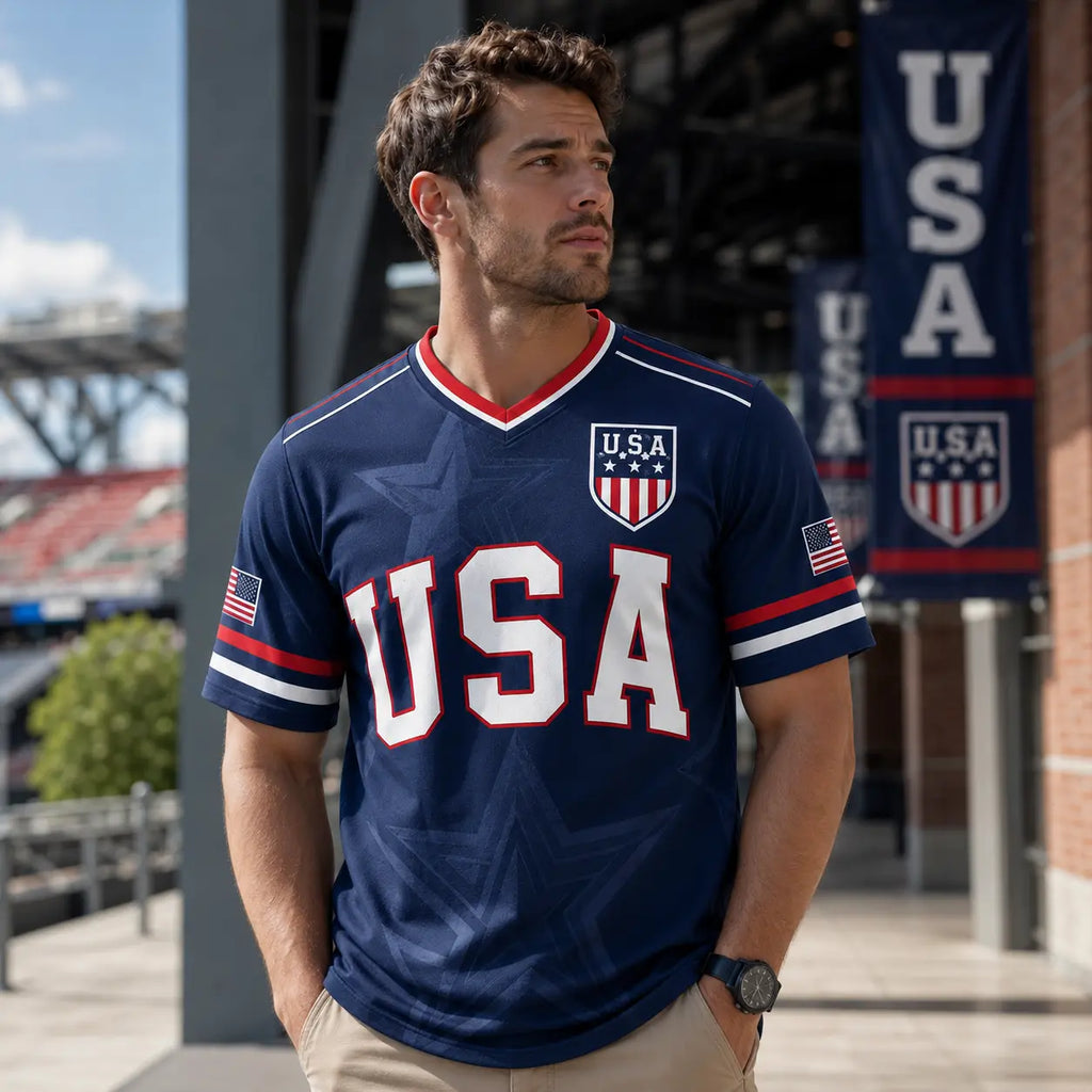 USA Patriotic Soccer Jersey – Navy American Flag & Statue of Liberty V-Neck Sports Tee