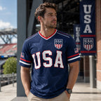 USA Patriotic Soccer Jersey – Navy American Flag & Statue of Liberty V-Neck Sports Tee