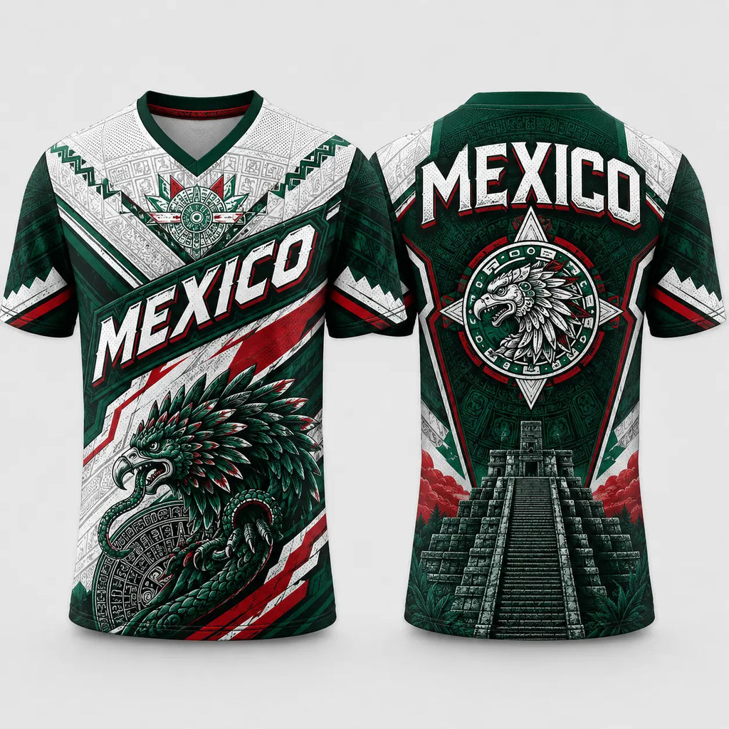 Men's Mexico V-Neck Soccer Jersey – Breathable Mesh Aztec Eagle Graphic Top
