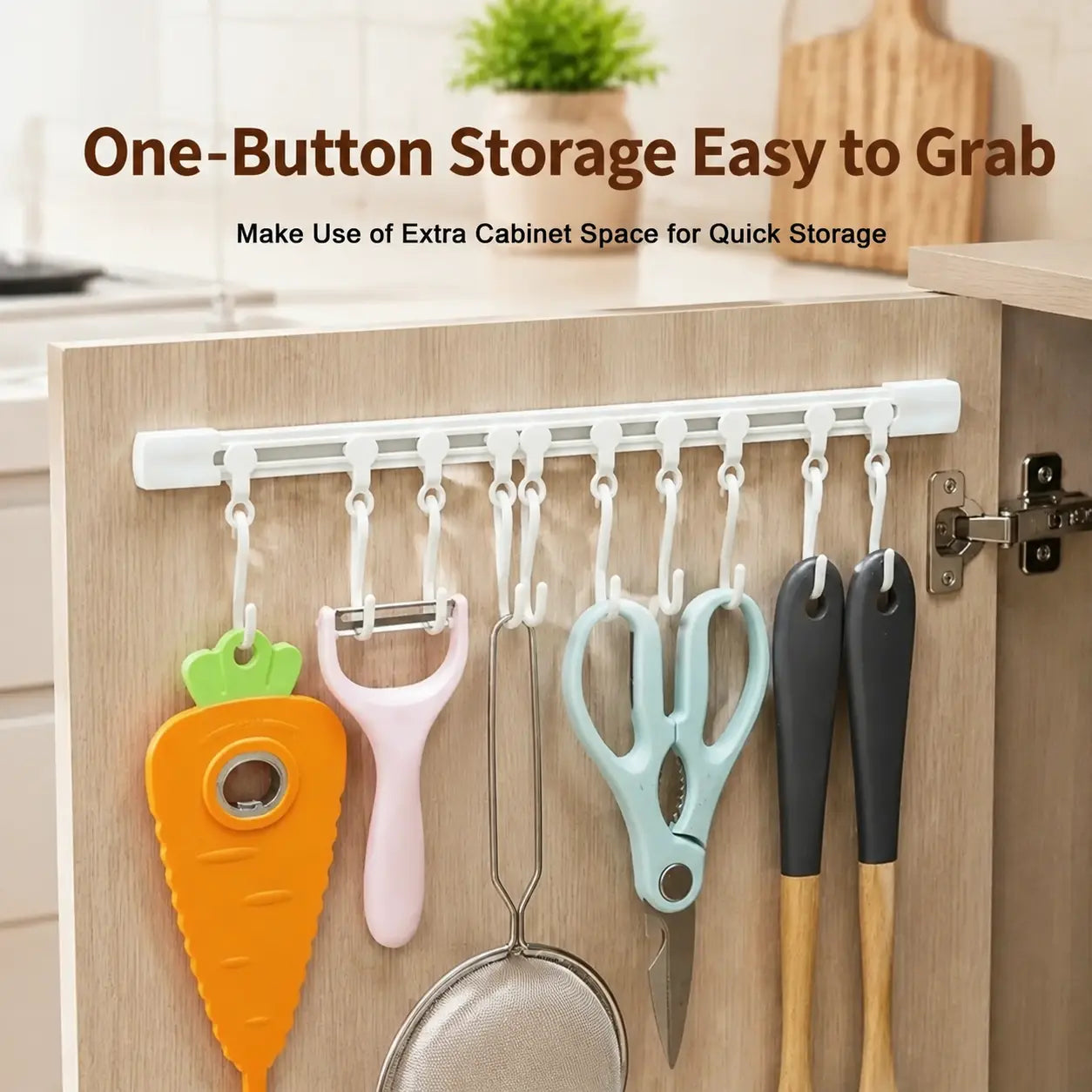 Adjustable 10-Hook Slide Rail Organiser – Multifunctional Adhesive Storage Rack for Kitchen & Bathroom