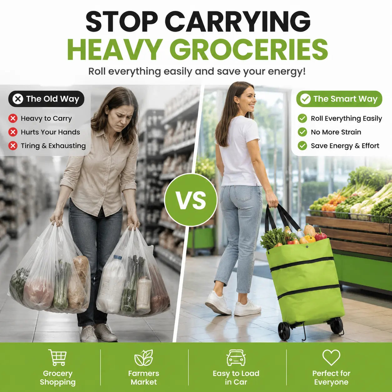2-in-1 Foldable Rolling Shopping Tote Bag – Large Capacity Grocery Cart with Wheels