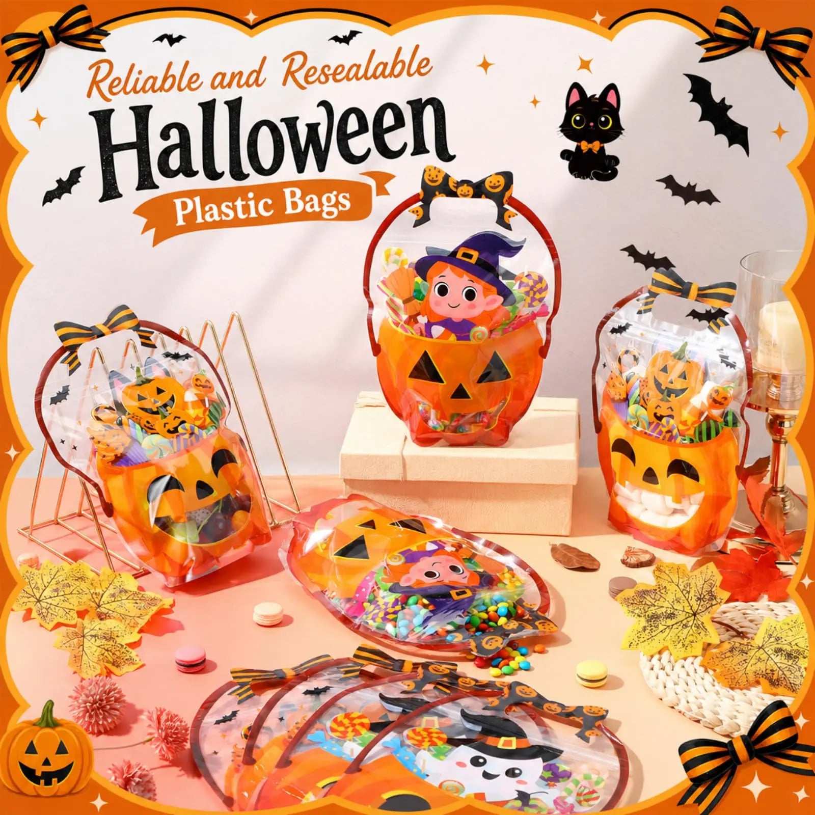 24/50-Pack Halloween Plastic Goodie Bags – Trick-or-Treat Candy Bags with Pumpkin & Skeleton Design