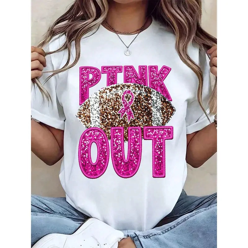 Pink Glitter Football Breast Cancer Awareness Top – Relaxed Loose Cotton Short-Sleeve T-Shirt