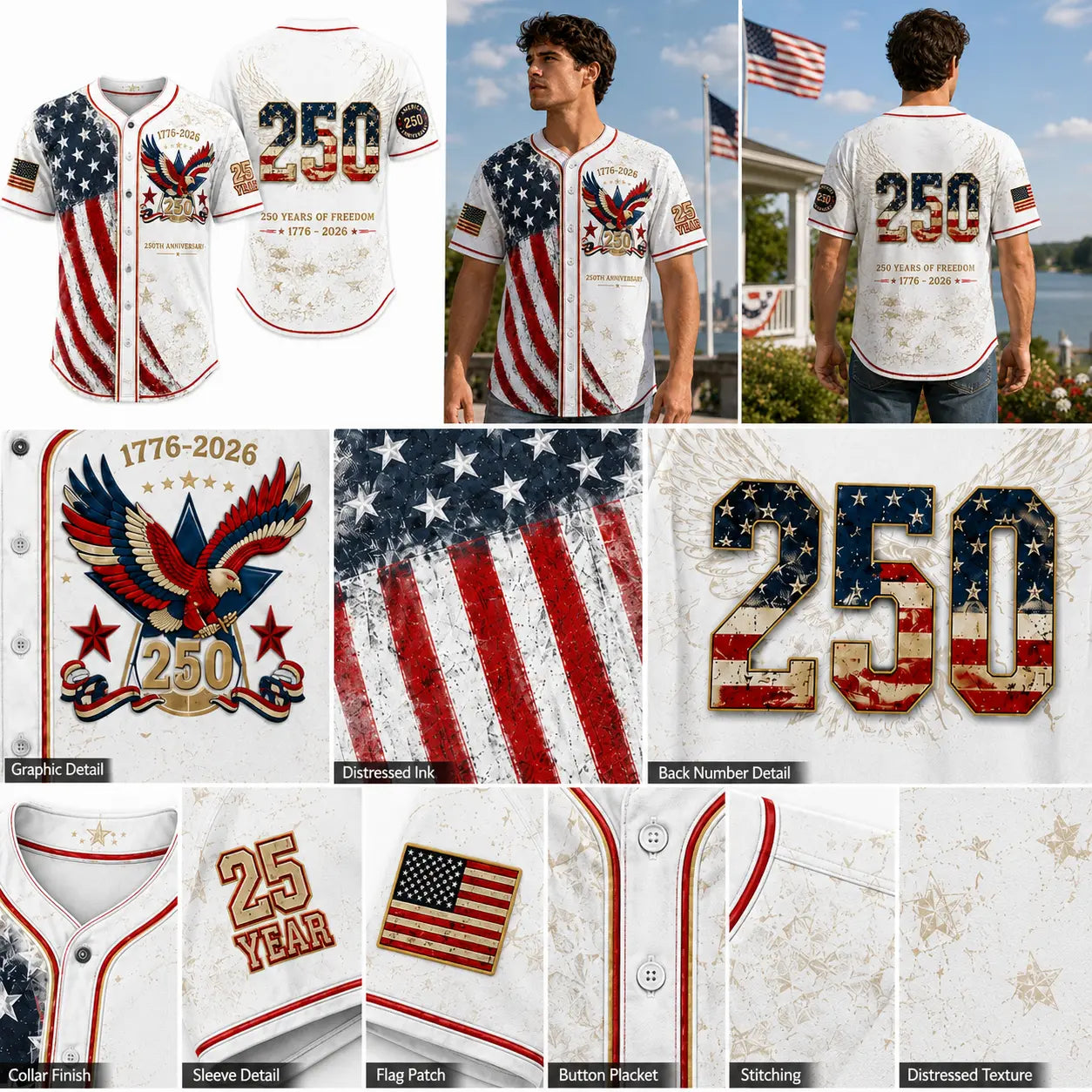 Men's USA 250th Anniversary Baseball Jersey – Vintage Patriotic 1776-2026 Eagle Button Down Shirt