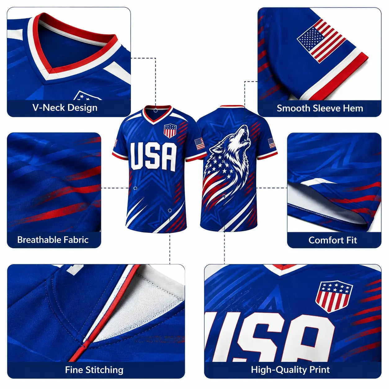 USA Patriotic Wolf Graphic V-Neck Sports Jersey – Lightweight Quick-Dry Athletic Top