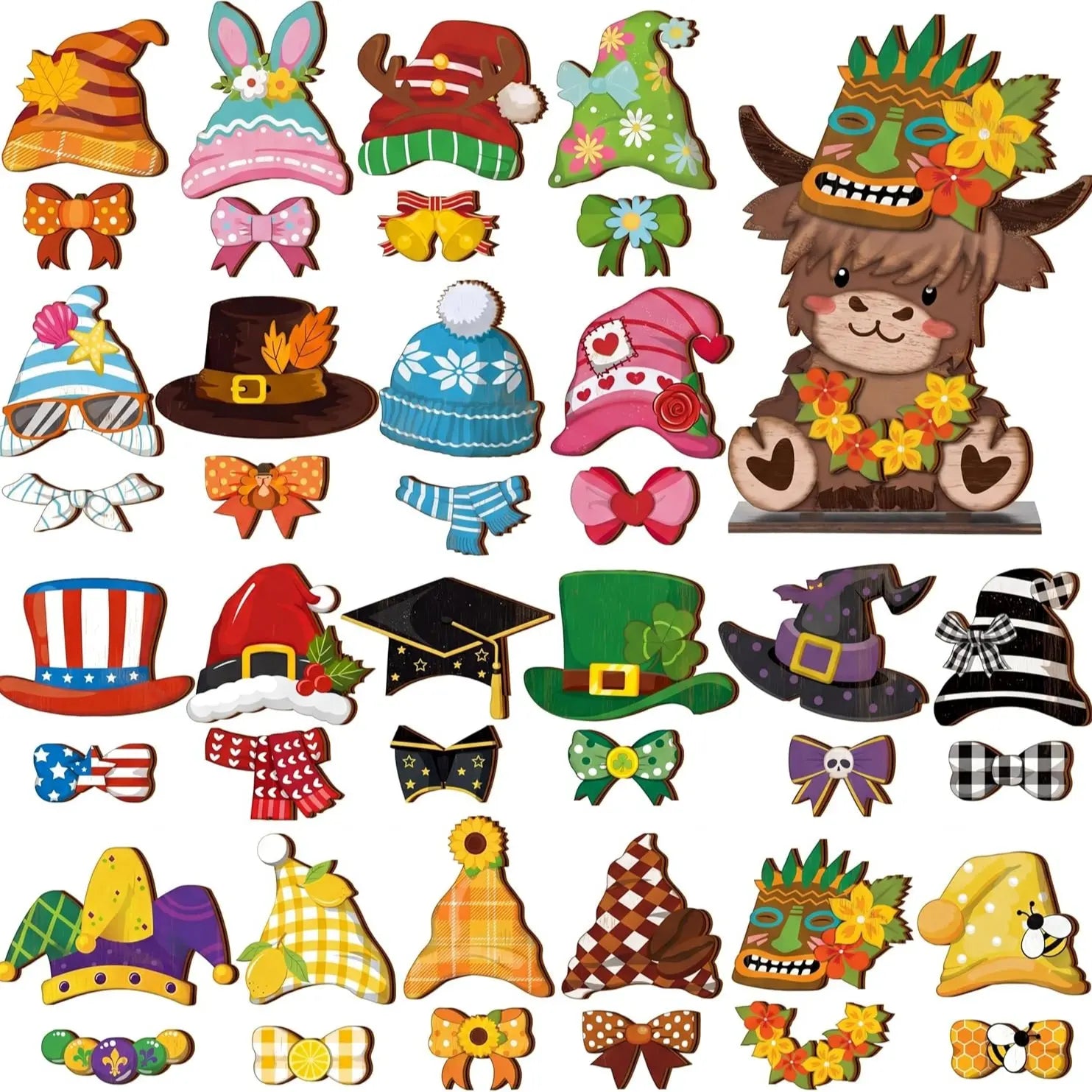 Interchangeable Cat Wooden Desk Decor with Magnetic Seasonal Hats – Cute Holiday Gift for Cat Lovers