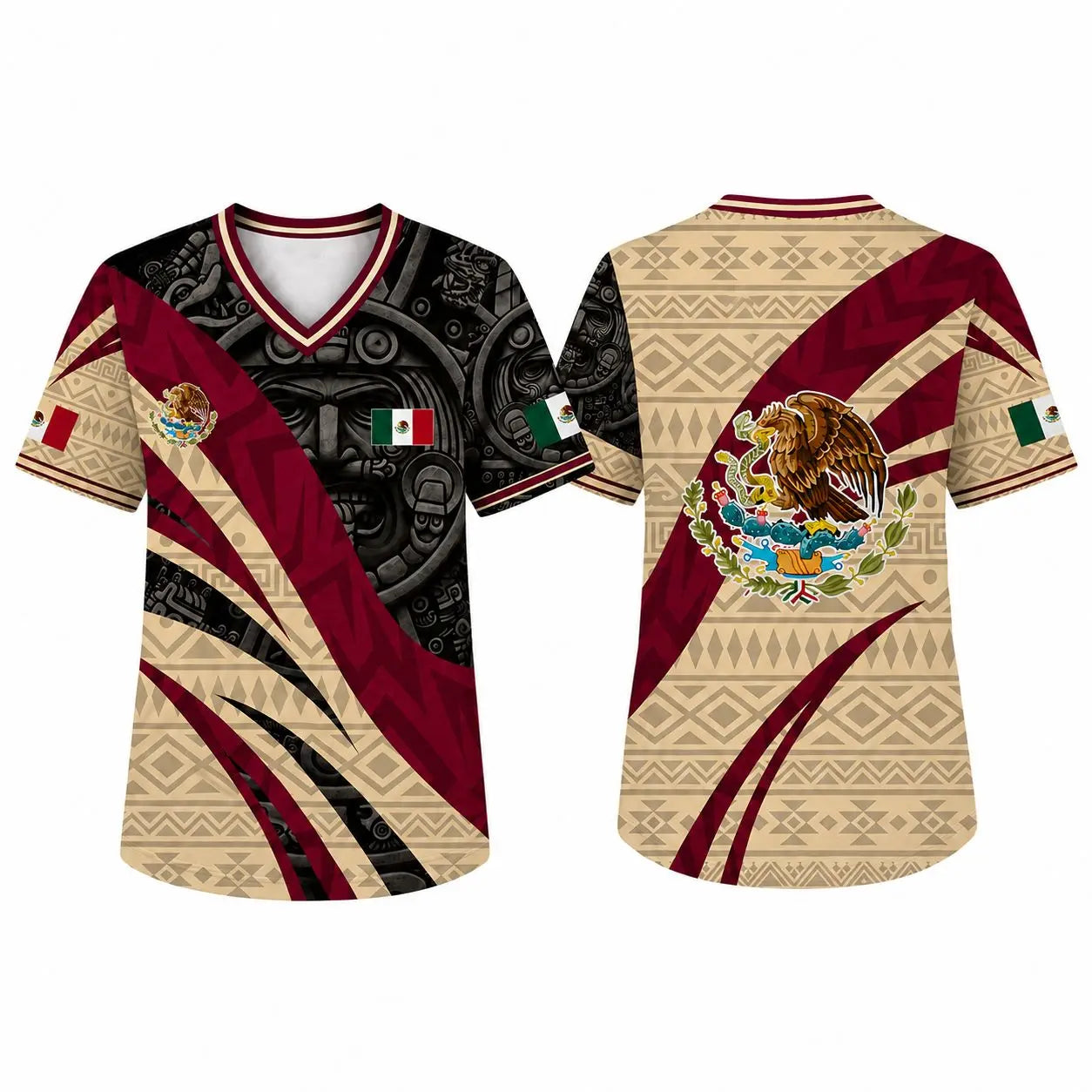 Mexico Flag Eagle V-Neck Jersey – Aztec Pattern Patriotic Soccer Style Shirt