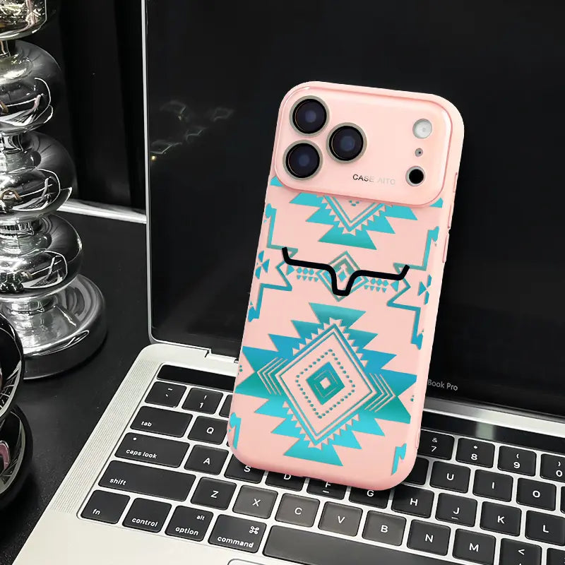 Aesthetic Western Aztec Turquoise Bull Head Phone Case for iPhone 17 Pro Max – Southwestern Tribal Shockproof Protective Cover