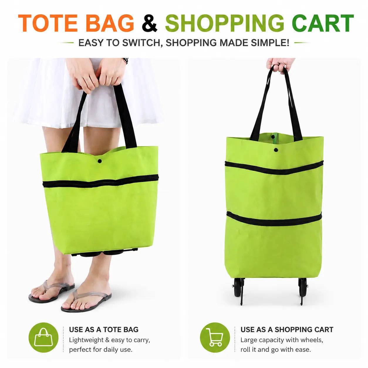 2-in-1 Foldable Rolling Shopping Tote Bag – Large Capacity Grocery Cart with Wheels