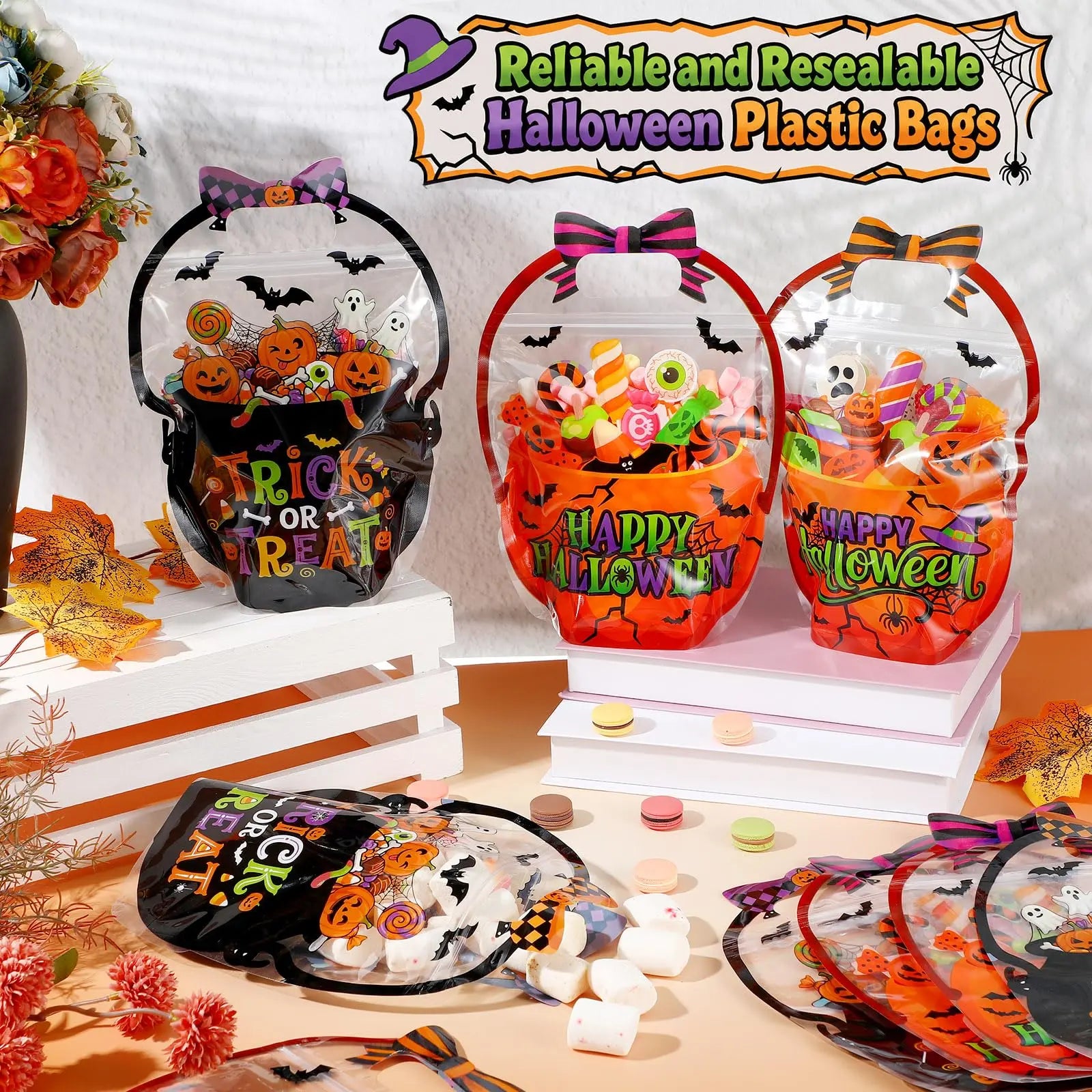 24/50-Pack Halloween Plastic Goodie Bags – Trick-or-Treat Candy Bags with Pumpkin & Skeleton Design