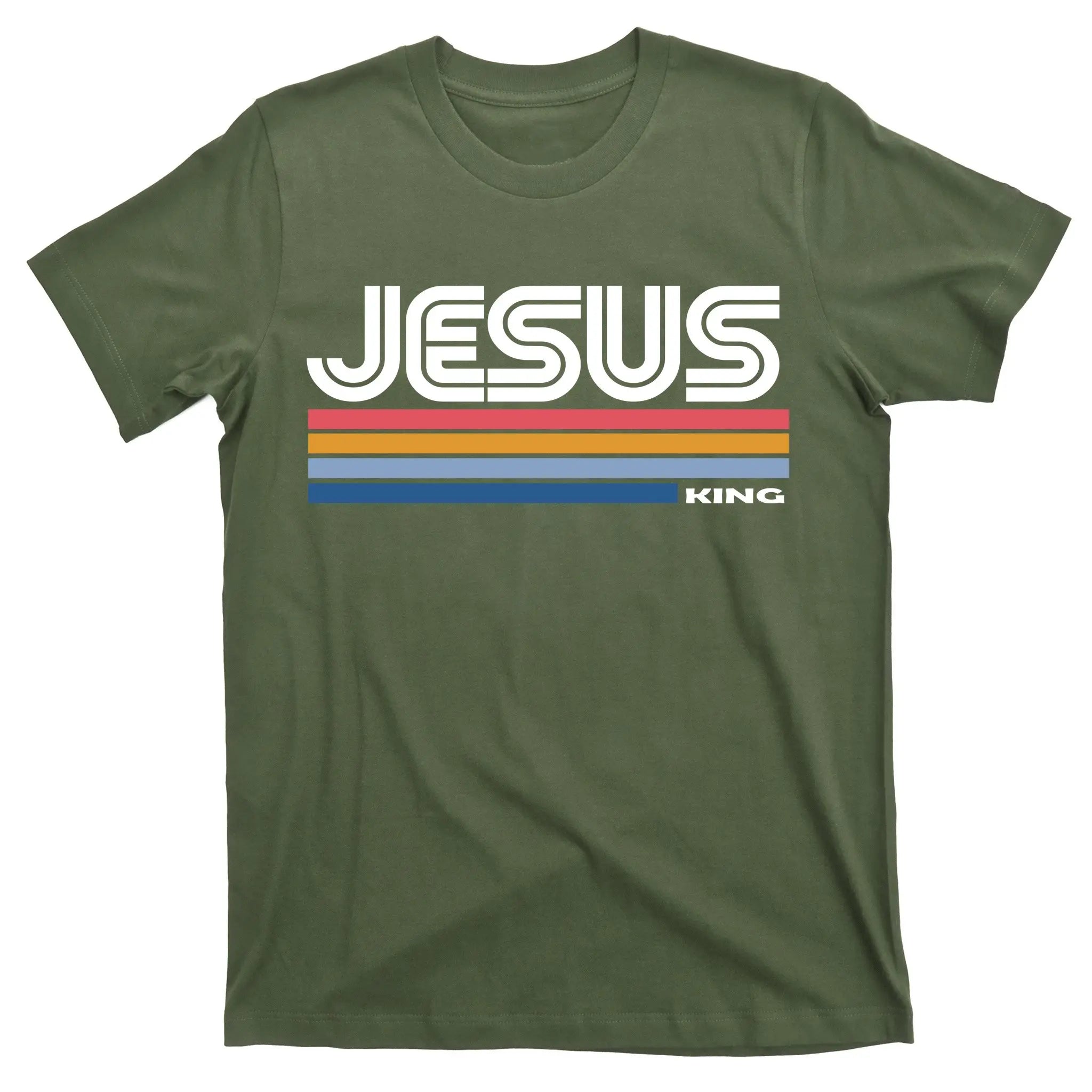 "Jesus King" Retro 70s Stripe Tee | Vintage Sunset Graphic Faith Shirt
