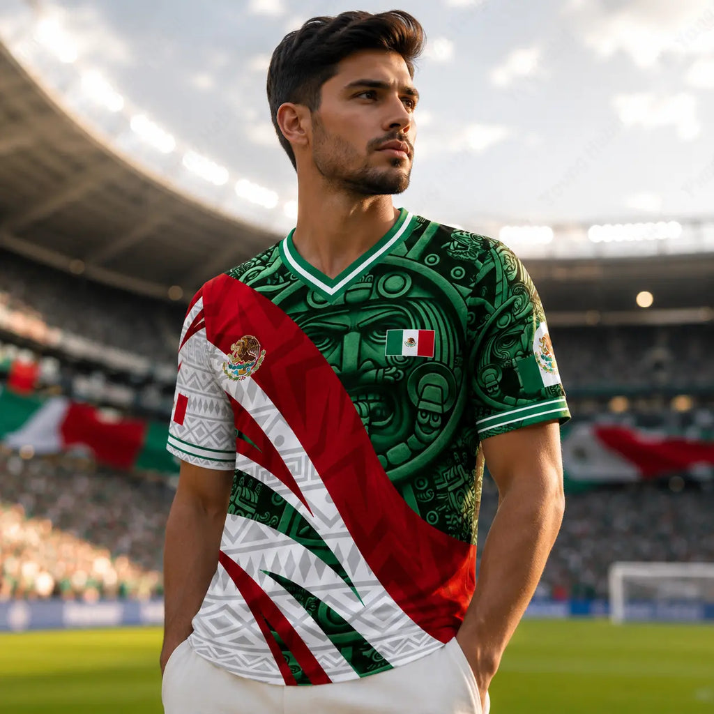Mexico Flag Eagle V-Neck Jersey – Aztec Pattern Patriotic Soccer Style Shirt