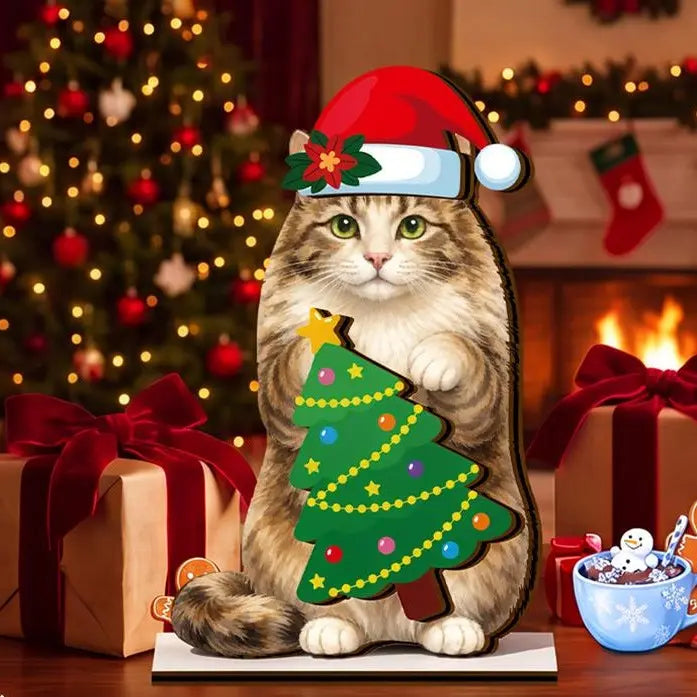 Interchangeable Cat Wooden Desk Decor with Magnetic Seasonal Hats – Cute Holiday Gift for Cat Lovers