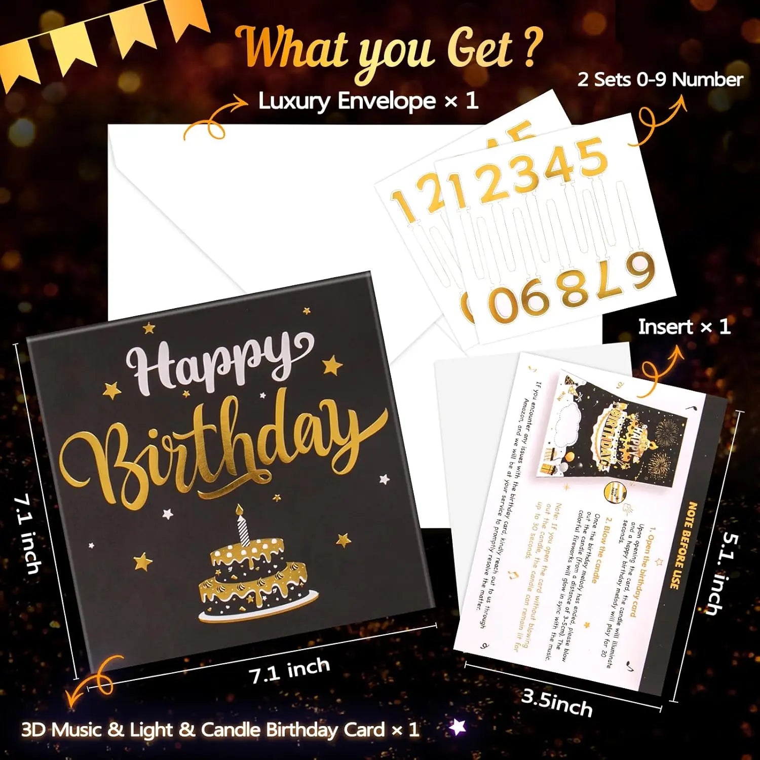 DIY Pop-Up Birthday Cake Card – Light, Music & Fireworks Black and Gold Gift