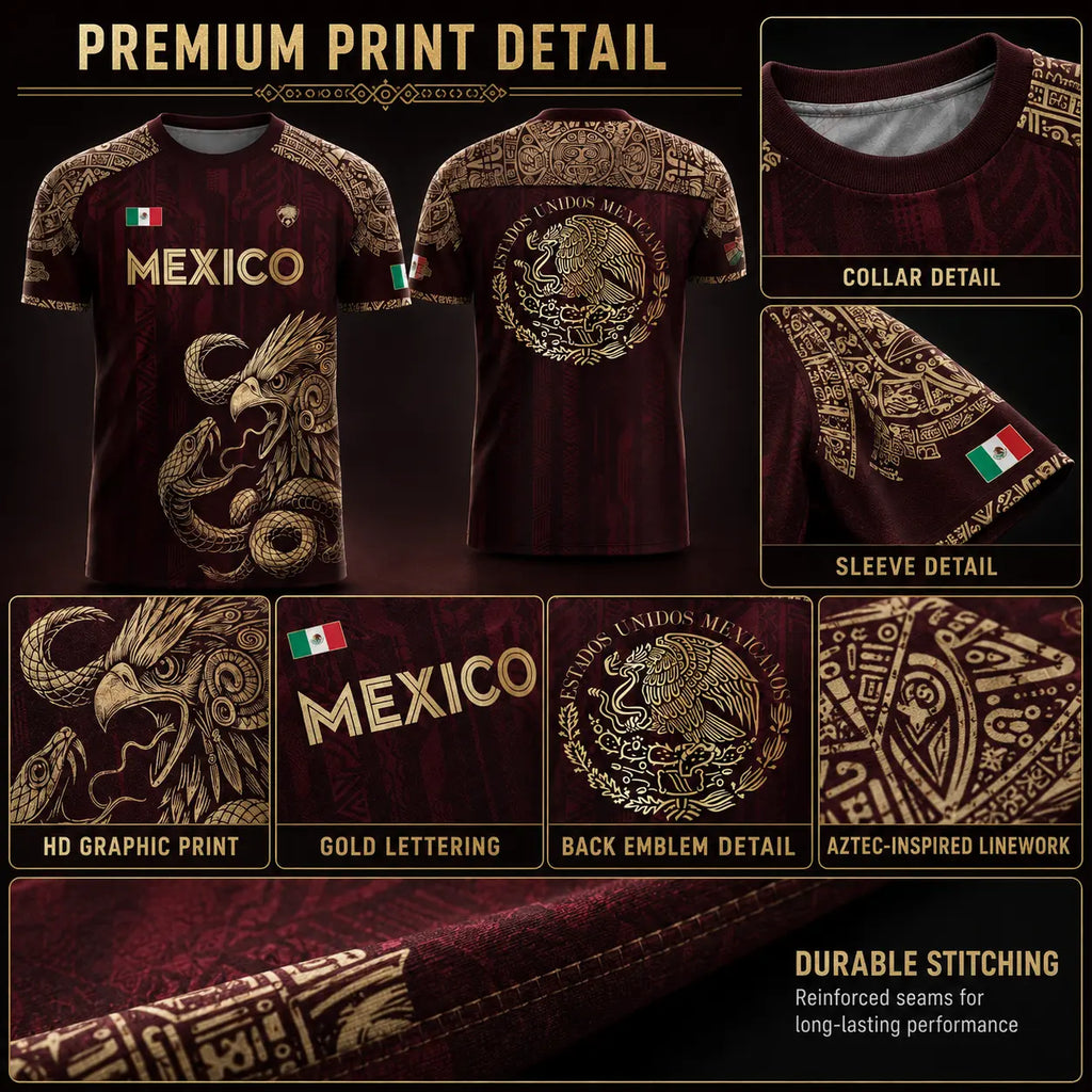 Mexico Soccer Jersey – Aztec Eagle & Serpent Graphic Shirt, Unisex Short Sleeve Burgundy & Gold Fan Apparel