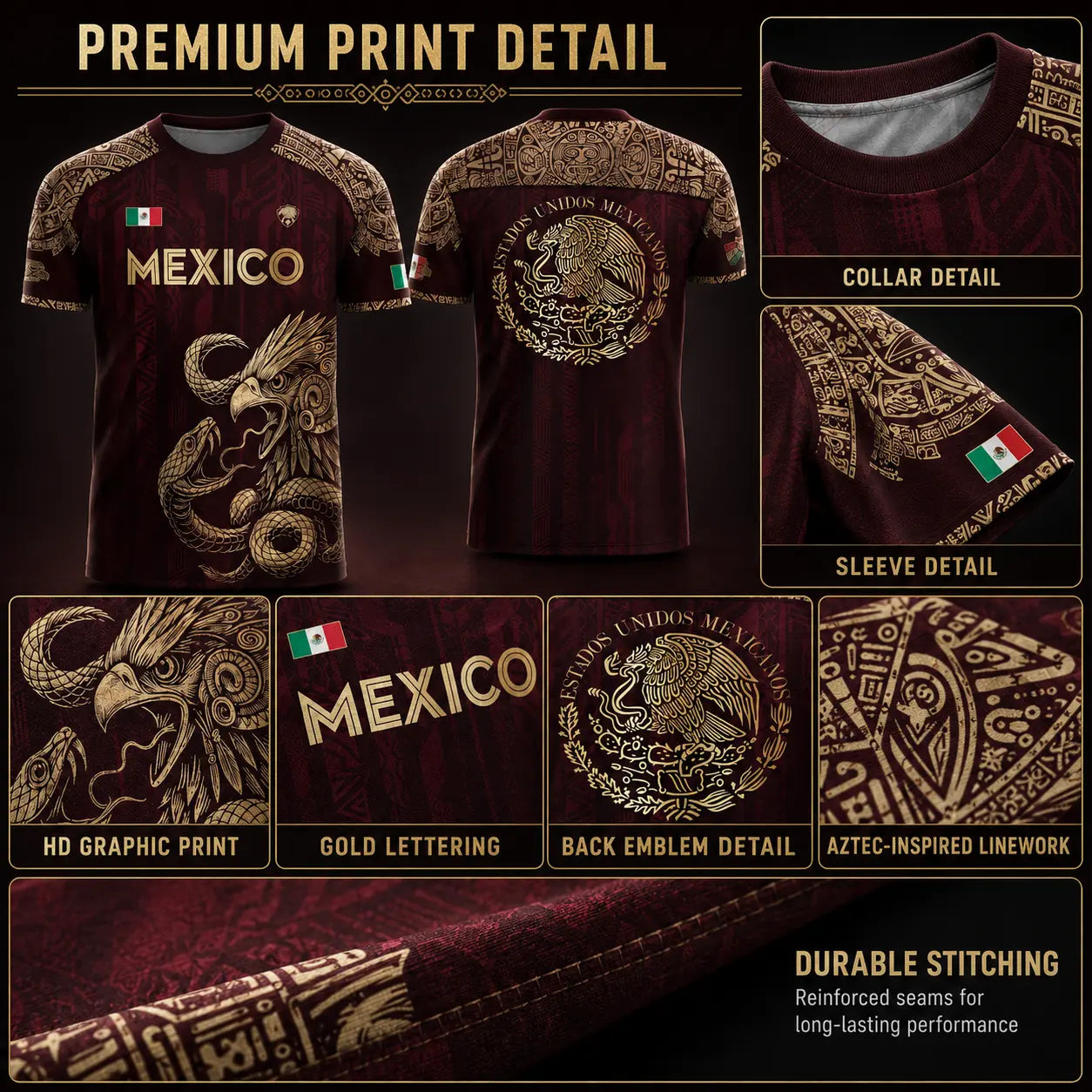 Mexico Soccer Jersey – Aztec Eagle & Serpent Graphic Shirt, Unisex Short Sleeve Burgundy & Gold Fan Apparel