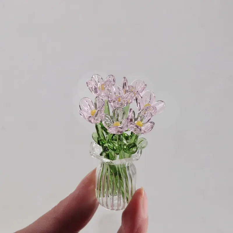 Handcrafted Mini Glass Artificial Flower Set – 10Faux Flowers with Vase Decorative Bouquet