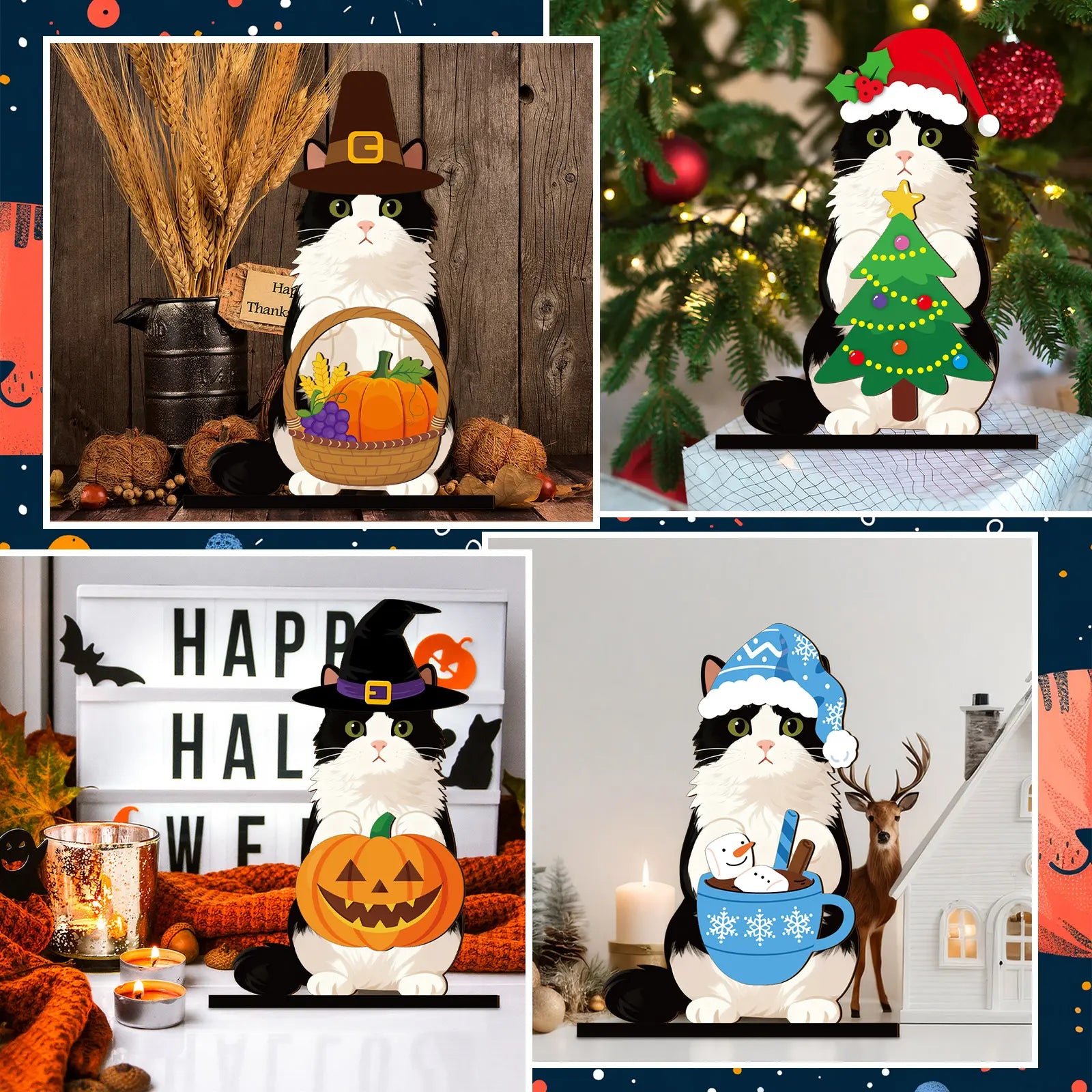 Interchangeable Cat Wooden Desk Decor with Magnetic Seasonal Hats – Cute Holiday Gift for Cat Lovers