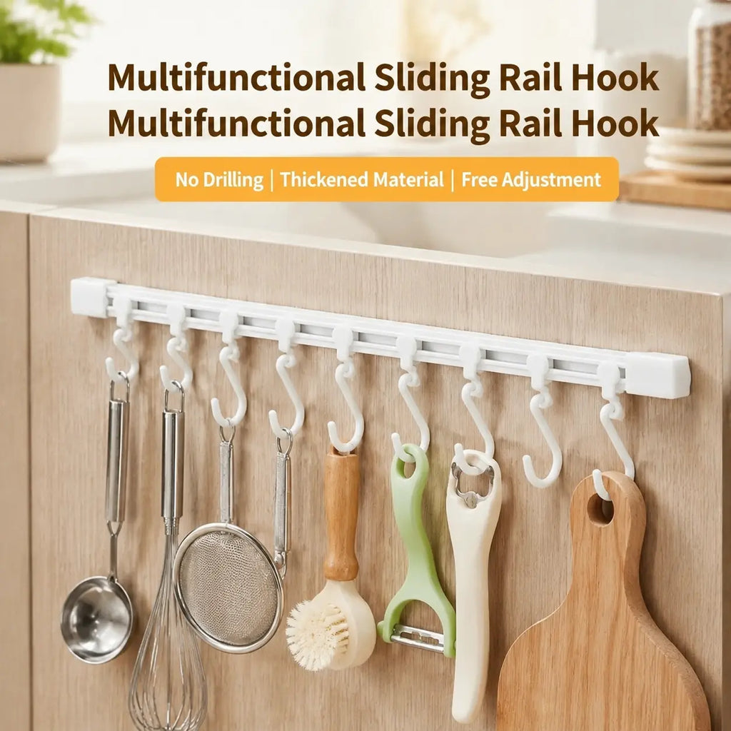 Adjustable 10-Hook Slide Rail Organiser – Multifunctional Adhesive Storage Rack for Kitchen & Bathroom